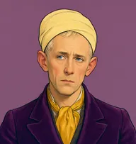 Illustrated portrait of Thaddeus Sholto: about 45, sparse fine pale-blond hair, balding on top with a fringe at the sides, a plum-purple velvet smoking jacket with a saffron-yellow silk scarf