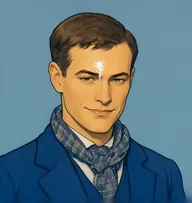 Illustrated portrait of Vincent Spaulding: about 30, mousy-brown, cropped short and ragged, clerk's ink-blue jacket with a checked grey scarf