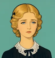 Illustrated portrait of Belle: about 22, golden-blond hair in smooth centre-parted ringlets, black mourning dress with a white lace collar
