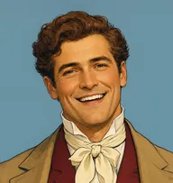 Illustrated portrait of Fred: about 32, thick wavy chestnut-brown hair, claret-red waistcoat with a cream cravat under a tan coat