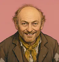 Illustrated portrait of Joe: about 70, bald crown with straggly ginger-grey tufts at the sides, filthy patched brown jacket with a mustard-stained neckcloth