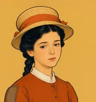 Illustrated portrait of Martha: about 16, black hair in a tight plait pinned up under a bonnet, patched dress in russet orange with a tiny white collar