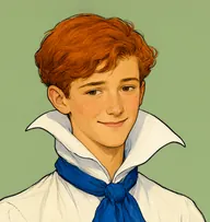 Illustrated portrait of Peter: about 14, tousled ginger hair, oversized white shirt with a huge pointed collar, blue neckcloth