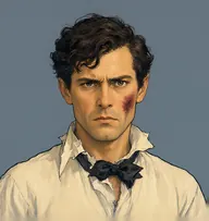 Illustrated portrait of Brotherton: about 40, tousled dark-brown curls, rumpled, crumpled evening shirt with a loosened bow tie