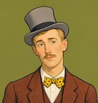 Illustrated portrait of Freddy Arbuthnot: about 34, pale flaxen hair with a floppy forelock, evening dress with a lemon-yellow waistcoat