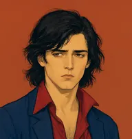 Illustrated portrait of Goyles: about 24, black, untidy and long over the collar, a cheap navy jacket with an open-necked crimson shirt