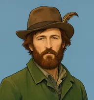 Illustrated portrait of Hardraw: about 48, dark auburn, shaggy over the collar, a moss-green velveteen gamekeeper's jacket