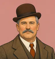 Illustrated portrait of Inspector Winterbottom: about 50, iron-grey bristle crop, brown tweed overcoat with an orange-brown tie