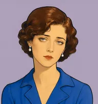 Illustrated portrait of Lady Mary: about 28, dark brown bobbed hair with a side wave, emerald-green coat with a fur collar
