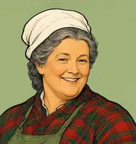 Illustrated portrait of Maggie: about 55, coarse iron-grey hair in a tight plait under a cap, tartan shawl in red and green over an apron