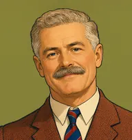 Illustrated portrait of Major Lumsden: about 52, sandy-grey hair cropped short, russet tweed jacket with a regimental tie in blue and red