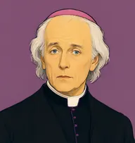 Illustrated portrait of Mr. Hancock: about 55, wispy silver-white hair, thin and long over the ears, black cassock-style coat with a purple stock