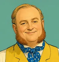 Illustrated portrait of Mr. Watchett: about 52, thin sandy hair, balding on top, a canary-yellow waistcoat with rolled shirtsleeves