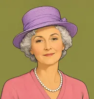 Illustrated portrait of Mrs. Frobisher-Pym: about 58, silver curls in a soft low knot, rose-pink cardigan with a pearl necklace