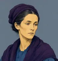 Illustrated portrait of Mrs. Grimethorpe: about 40, black, pulled severely back into a bun with grey streaks, a faded indigo cotton blouse with a dark shawl
