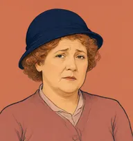 Illustrated portrait of Mrs. Marchbanks: about 57, faded ginger-red, loosely waved, a dusty-rose cardigan with a tweed skirt