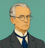 Illustrated portrait of Sir Andrew Mackenzie: about 63, silver, swept back from a high receding hairline, a charcoal frock coat with a navy silk tie