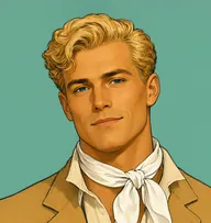 Illustrated portrait of Varden: about 32, wavy golden-blond, swept back, camel-coloured jacket with an open-necked cream shirt