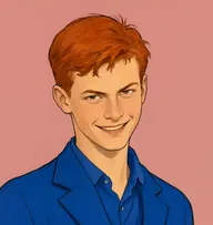 Illustrated portrait of Freddy: about 17, ginger-red, cropped and untidy, a cobalt-blue school blazer with a loosened collar