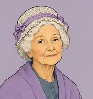 Illustrated portrait of Miss Alan: about 70, white, fine and curled in soft waves under a cap, a lavender wool shawl over a grey-blue dress