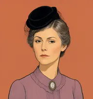 Illustrated portrait of Miss Bartlett: about 40, mousy brown streaked with grey, severely parted and pinned back, a faded mauve high-necked dress with a cameo-style collar