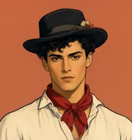 Illustrated portrait of Phaethon: about 20, curly jet-black, unruly, a scarlet neckerchief on a white open-necked shirt