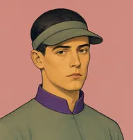 Illustrated portrait of Aldo: about 26, close-buzzed black, grey-green tunic with violet tab collar