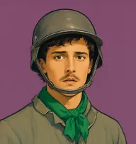 Illustrated portrait of Gino: about 22, dark brown, short and tousled, grey-green tunic with a bright green neck scarf