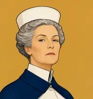 Illustrated portrait of Miss Van Campen: about 58, steel-grey, severely pinned, starched white uniform with a navy blue cape