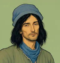 Illustrated portrait of Passini: about 30, long straight black, unkempt, falling over the ears, grey-green tunic with a faded blue neckcloth