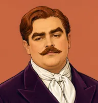 Illustrated portrait of Simmons: oiled auburn, parted in the middle, plum velvet smoking jacket