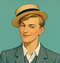 Illustrated portrait of Journalist: about 26, sandy blond, slicked with a side parting, checked tweed jacket in teal-blue with a white soft collar