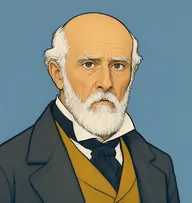 Illustrated portrait of Psychologist: bald crown with a fringe of white hair, charcoal coat with a mustard-yellow waistcoat and high white wing collar