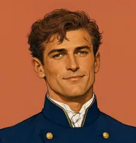 Illustrated portrait of Captain Wentworth: about 32, tousled chestnut-brown hair, sun-lightened and windswept, navy-blue naval officer's coat with gilt buttons and white stock
