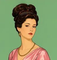 Illustrated portrait of Elizabeth Elliot: about 29, glossy dark chestnut-brown hair in an elaborate coiffure, rose-pink silk gown with a gold chain at the neck