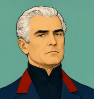 Illustrated portrait of General Tilney: about 58, thick silver-white, swept back, navy tailcoat with scarlet collar facings