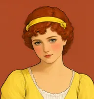 Illustrated portrait of Henrietta: about 19, copper-red hair in short curls at the brow, primrose-yellow gown with a white tucker