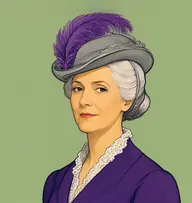 Illustrated portrait of Lady Russell: about 50, smooth silver hair in a neat chignon with side bands, deep purple pelisse with a white lace collar