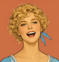 Illustrated portrait of Louisa Musgrove: about 19, curly golden-blond ringlets, sky-blue spencer over a white gown