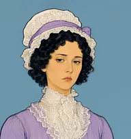 Illustrated portrait of Mary: about 26, jet-black ringlets under a cap edge, lilac muslin gown with a lace fichu