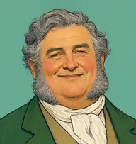 Illustrated portrait of Mr Musgrove: about 60, thick iron-grey hair, tousled, bottle-green coat with a buff waistcoat
