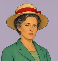 Illustrated portrait of Mrs Croft: about 45, brown hair streaked with grey, pulled back tight, sea-green spencer jacket over a plain gown