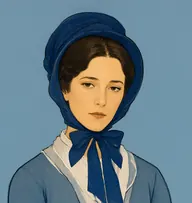 Illustrated portrait of Mrs. Hughes: about 40, dark brown, centre-parted under a bonnet, slate-blue gown with white tippet