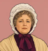 Illustrated portrait of Mrs Musgrove: about 55, faded ginger-grey hair in tight curls beneath a cap, rich burgundy gown with a cream shawl