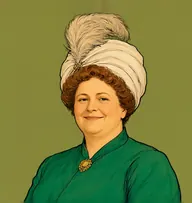 Illustrated portrait of Mrs. Thorpe: about 48, faded auburn hair in tight curls, emerald-green gown with gold brooch at collar