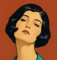 Illustrated portrait of Julia: about 19, glossy black, sleek bob with a side wave, a teal silk blouse with a pearl-trimmed collar