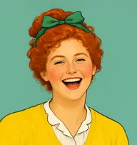Illustrated portrait of Sallie McBride: about 18, bright copper-red, loosely pinned up with curls, a sunny-yellow sweater over a white blouse
