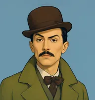 Illustrated portrait of Fix: about 38, black, slicked flat under hat, olive-green overcoat with turned-up collar
