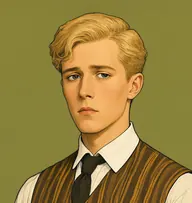 Illustrated portrait of James Forster: about 22, flaxen blond, neat, striped brown-and-gold livery waistcoat
