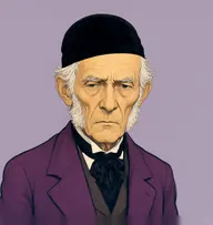 Illustrated portrait of Lord Albemarle: about 78, thin white, wispy, plum smoking jacket, black cravat